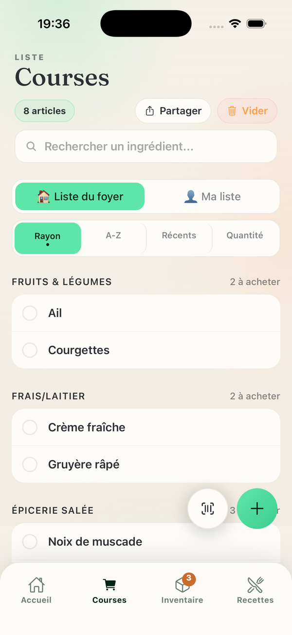 Liste de courses partagée par foyer