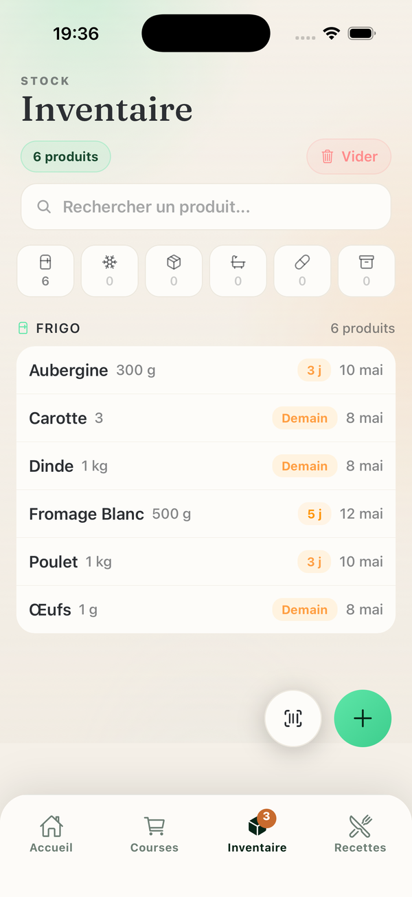 Écran inventaire avec produits par DLC