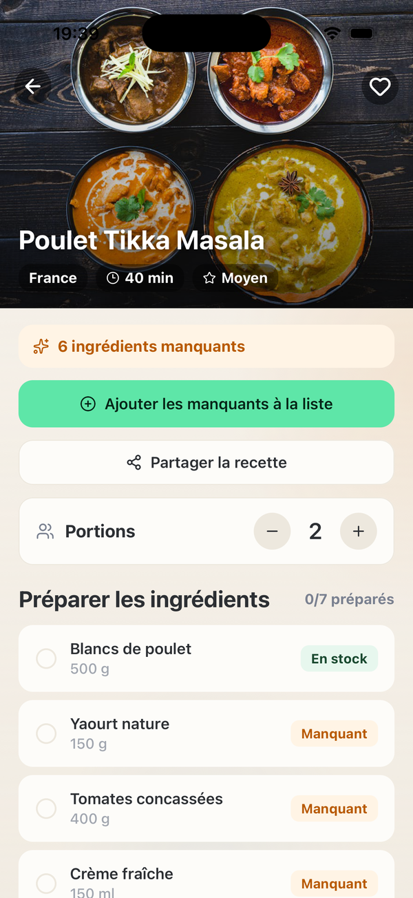 Détail d'une recette avec ingrédients comparés au stock