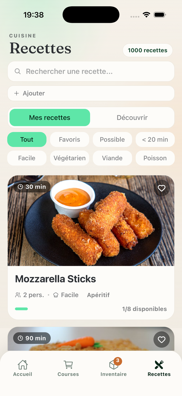 Écran recettes avec idées filtrables